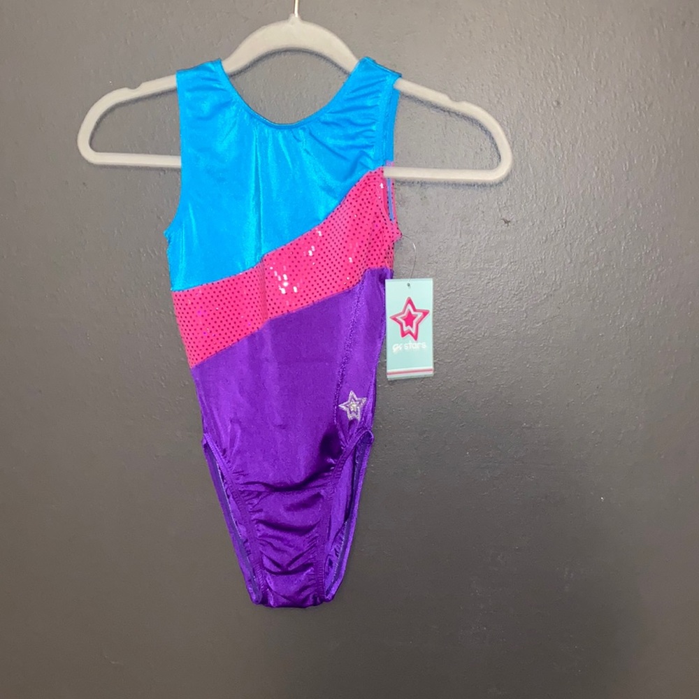 Gk stars blue and purple with pink sparkly stripe leotard adult xtra small